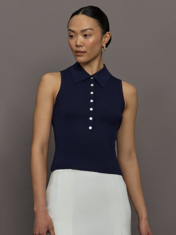 Nikki Johnny Collar Solid Tank - Dark Blue Sale